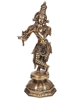 18" Krishna Playing on Flute In Brass | Handmade | Made In India