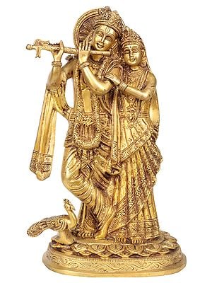 11" Radha Krishna Statue with Peacock | Handmade Brass Idol | Made in India
