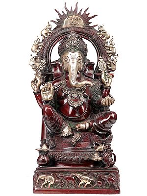24" Lord Ganesha with Surya and Marching Elephants Aureole In Brass | Handmade | Made In India