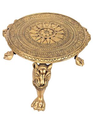 Engraved Ritual Chowki with Lions Heads as Stand
