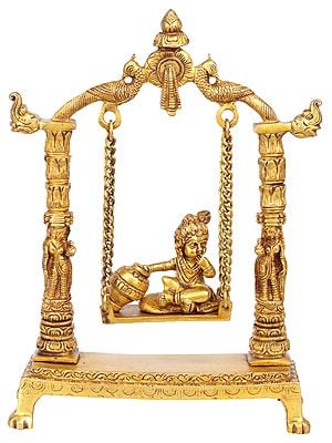 11" Butter Krishna Idol on a Swing | Handmade Brass Statue | Made in India