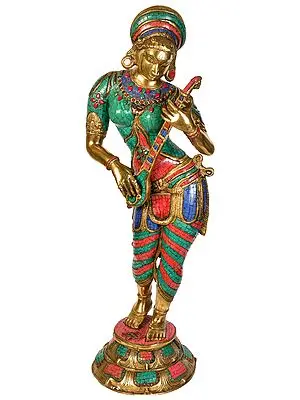 38" Large Size Standing Goddess Saraswati In Brass | Handmade | Made In India