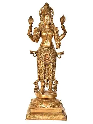 27" Lakshmi Ji with the Haloed Crown In Brass | Handmade | Made In India