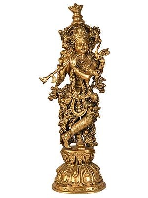 24" Ornamented Krishna on Double Lotus Pedestal In Brass | Handmade | Made In India