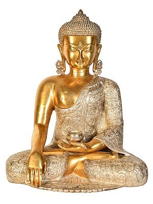 17" Tibetan Buddhist Lord Buddha Wearing a Carved Robe in Earth Touching Gesture In Brass | Handmade | Made In India
