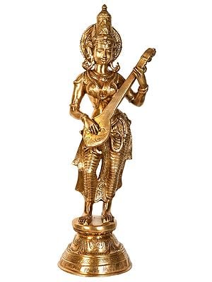 28" Goddess Saraswati Playing on Veena (Large Size) In Brass | Handmade | Made In India