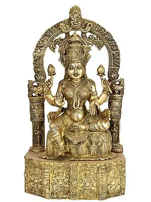19" Goddess Lakshmi Seated on Lotus Base Carved with Hindu Deities In Brass | Handmade | Made In India