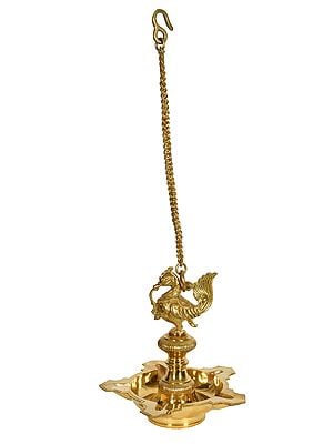 12" Superfine Peacock Hanging Wick Lamp In Brass | Handmade | Made In India