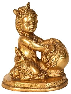 6" Butter Krishna Statue In Brass | Handmade | Made In India