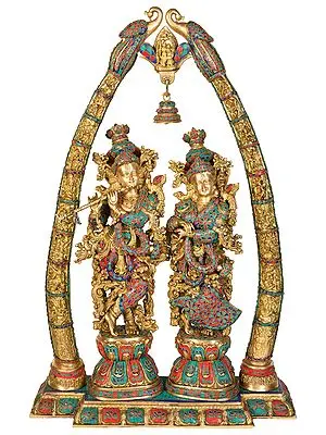 44" Large Size Radha Krishna with Arch Showing Krishna Leela In Brass | Handmade | Made In India