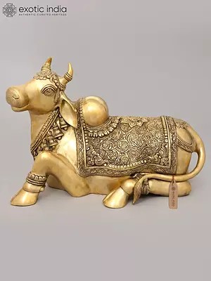 14" Fine Nandi - The Gate-guardian of Kailasagiri, The Abode of Shiva In Brass | Handmade | Made In India