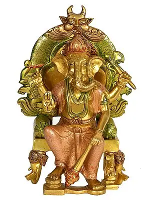 10" Lord Ganesha Seated on Kirtimukha Throne In Brass | Handmade | Made In India