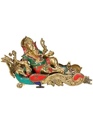 32" Ganesha Relaxing on Peacock Recliner (Large Size) In Brass | Handmade | Made In India