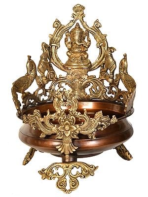17" Lord Ganesha Urli with Peacocks and Elephants in Brass | Handmade | Made in India