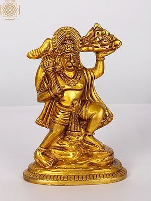 Brass Lord Hanuman Statue Holding the Mountain of Herbs