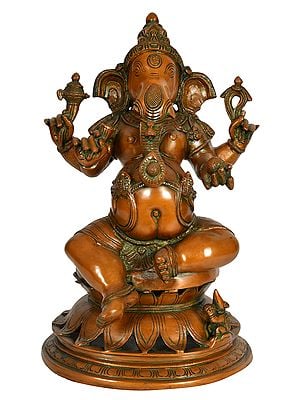 14" Ganesha Seated on Lotus Pedestal In Brass | Handmade | Made In India