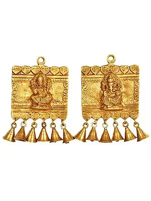 10" Lakshmi Ganesha Shubh Labh Door Hanging with Bells In Brass | Handmade | Made In India