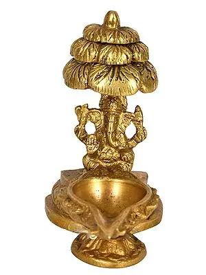 4" Ganesha Under a Tree Wick Lamp in Brass | Handmade | Made in India