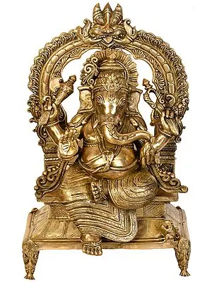 28" Lord Ganesha Seated on Kirtimukha Throne In Brass | Handmade | Made In India