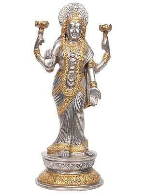 10" Goddess Lakshmi Wearing a Saree in the Contemporary Style in Brass
