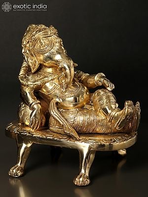 8" Relaxing Ganesha Idol with Cushion | Handmade Brass Statues | Made in India