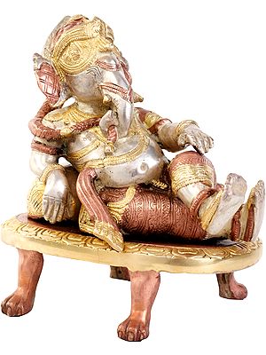 8" Relaxing Ganesha with Cushion In Brass | Handmade | Made In India