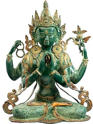 31" Tibetan Buddhist Deity Large Size Shadakshari Lokeshvara (Chenrezig) In Brass | Handmade | Made In India