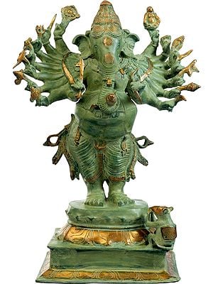23" Sixteen Armed Vira-Ganesha Sculpture in Brass | Handmade | Made in India