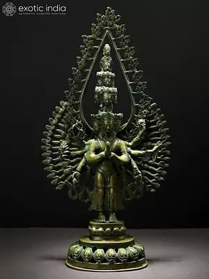 19" Avalokiteshavara, The Infinite Limbs And Heads Of Compassion (Tibetan Buddhist Deity) In Brass | Handmade | Made In India