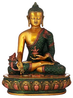 13" Medicine Buddha Idol Robe Decorated with Vishwa Vajra | Handmade Brass Statue
