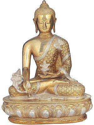 13" Medicine Buddha Idol Robe Decorated with Vishwa Vajra | Handmade Brass Statue