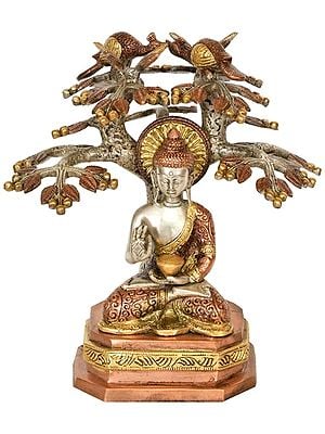 9" Lord Buddha Preaching Under The Bodhi Tree (Tibetan Buddhist) In Brass | Handmade | Made In India