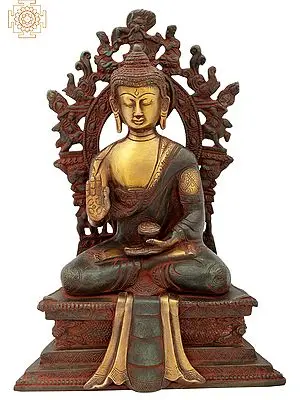 12" Lord Buddha Seated on Six-ornament Throne of Enlightenment In Brass | Handmade | Made In India