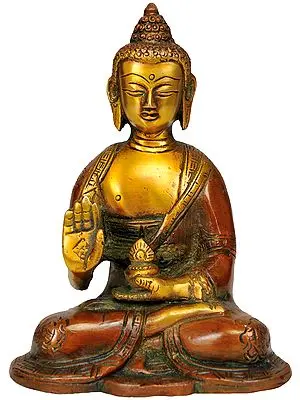 5" Seated Buddha, His Hand Raised In Blessing In Brass | Handmade | Made In India