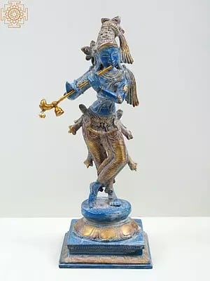 14" Brass Standing Lord Krishna Statue Playing Flute