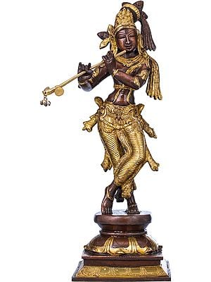 14" Brass Standing Lord Krishna Statue Playing Flute