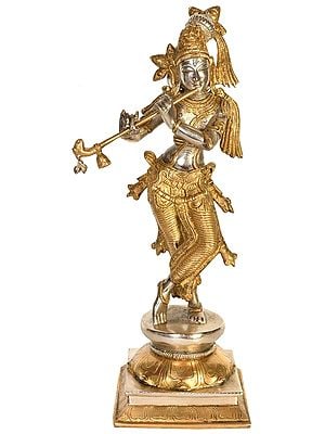 14" Brass Standing Lord Krishna Statue Playing Flute