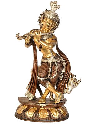 13" Brass Krishna Sculpture with Cow | Handmade | Made in India