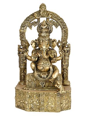 20" Lord Ganesha Seated on Lotus Base Carved with Hindu Deities In Brass | Handmade | Made In India