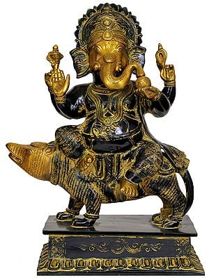 16" Lord Ganesha Seated on a Rat In Brass | Handmade | Made In India