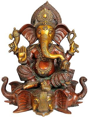 16" Lord Ganesha Seated on Three Elephant Head In Brass | Handmade | Made In India