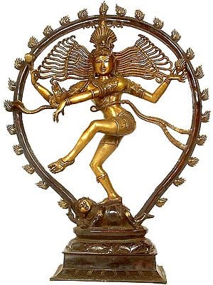 35" Large Size Nataraja in Golden and Green Hues In Brass | Handmade | Made In India