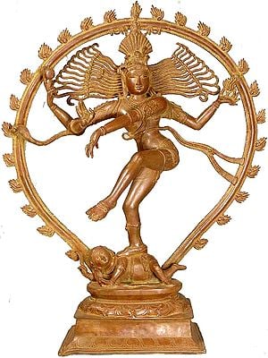 35" Large Size Nataraja in Golden and Green Hues In Brass | Handmade | Made In India