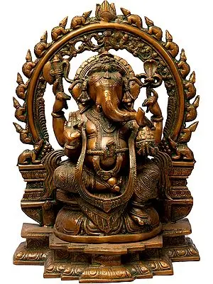 17" Ganesha On A Lotus Throne, His Aureole Composed Of Marching Mice In Brass | Handmade | Made In India