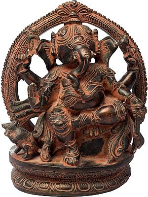 7" Seated Chaturbhuja Ganesha, His Long Tresses Flowing By His Side In Brass | Handmade | Made In India