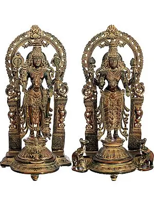 16" Vishnu-Lakshmi With Prabhavali And Elephant Diyas In Brass | Handmade | Made In India