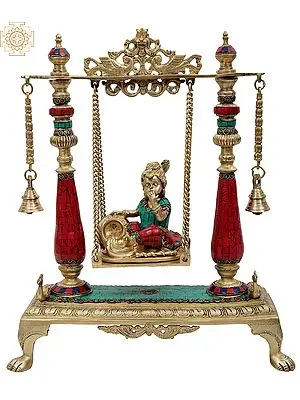 16" Butter Krishna Statue on a Swing | Handmade Brass Sculpture | Made in India