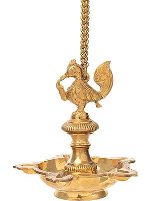 9" Five Wicks Roof Hanging Peacock Lamp In Brass | Handmade | Made In India