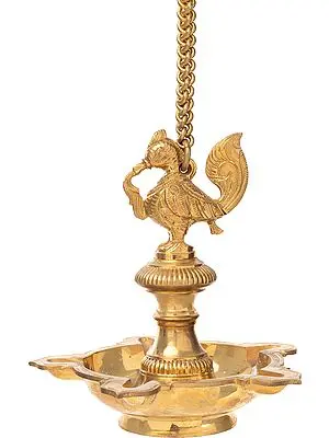 9" Five Wicks Roof Hanging Peacock Lamp in Brass | Handmade | Made in India
