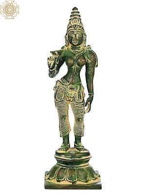 7" Standing Parvati, A Lotus In Her Hand, Her Crown Towering Atop Her Head In Brass | Handmade | Made In India